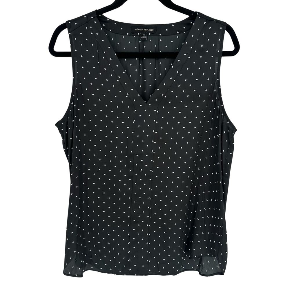 Banana Republic Blouse Women M Black White Polka Dot V-Neck Sleeveless Top EUC
